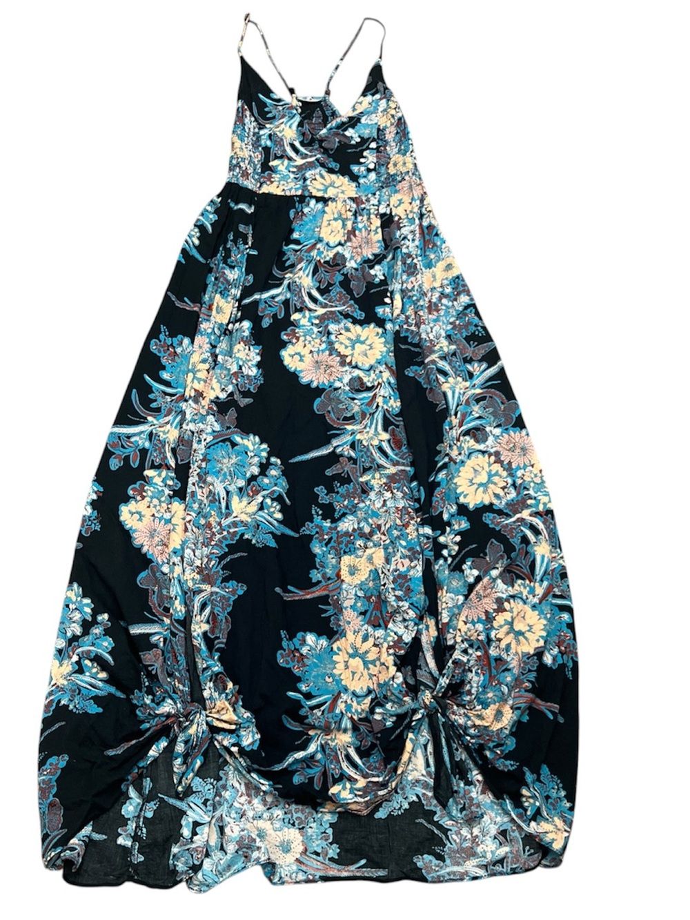 Free People Through the Vine Maxi Dress Side Slit Smocked Flowy Black Floral M